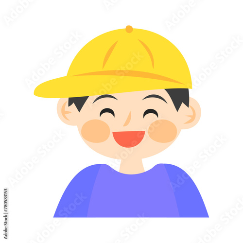 黄色いキャップを被った笑う男の子の顔。フラットなベクターイラスト。
Laughing boy's face wearing a yellow cap. Flat vector illustration.