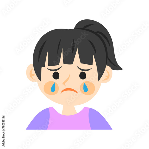 泣くポニーテールの女の子の顔。フラットなベクターイラスト。 Crying girl's face with a ponytail. Flat vector illustration.