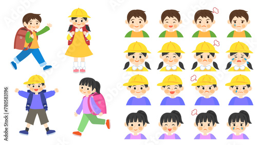 低学年の小学生たち。フラットなベクターイラストセット。
Lower-grade elementary school students. Flat vector illustration set.
