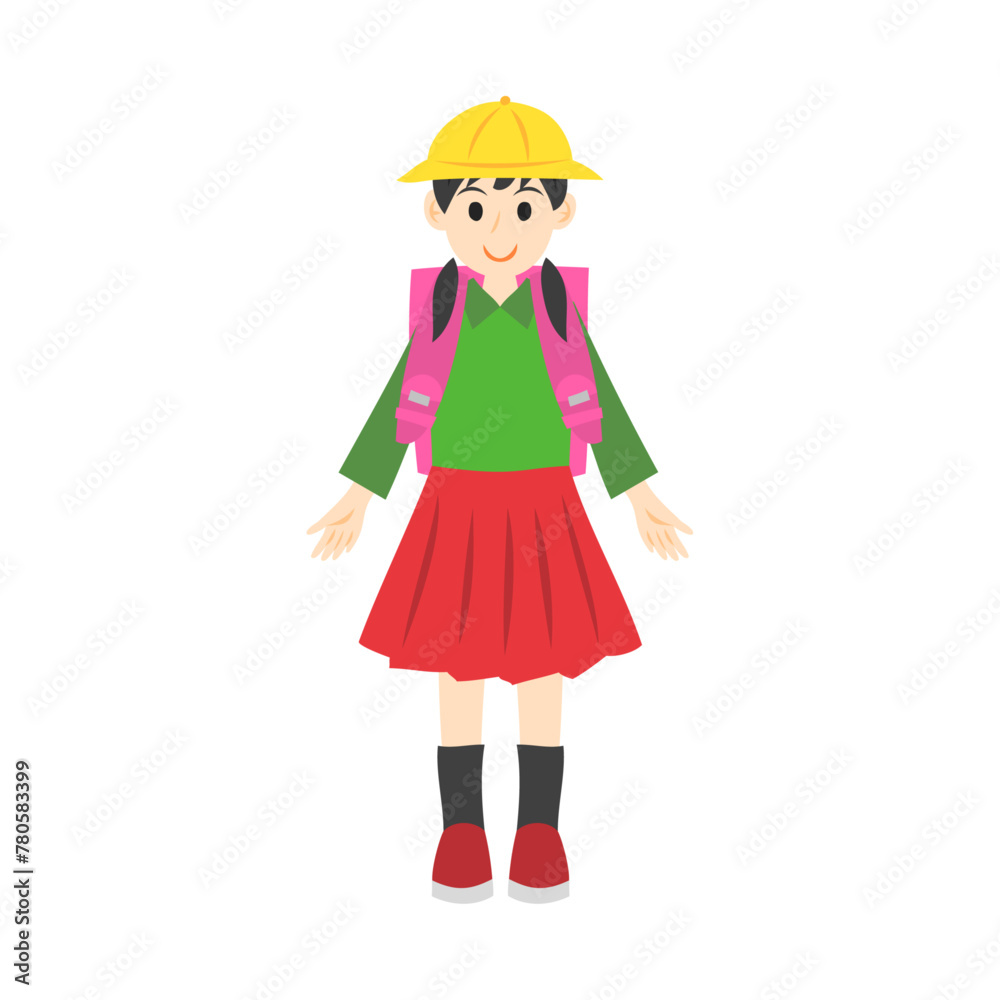 黄色い帽子を被った立っている女の子。フラットなベクターイラスト。
Standing girl wearing a yellow hat. Flat vector illustration.
