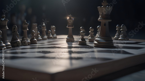 Chess pieces arranged on a wooden board atop a table, symbolizing strategy, competition, and success in the game of chess