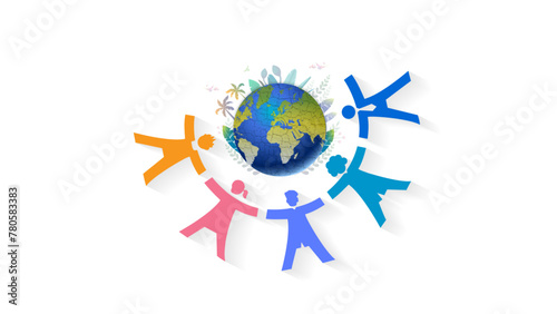 Vector illustration of Earth day theme. Green plant tree environment with Group of people around the earth background.