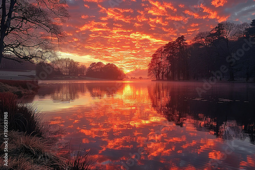 A breathtaking sunset over a tranquil lake, casting warm hues across the sky