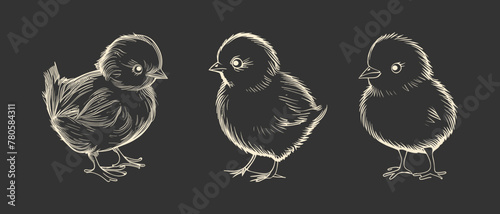 Baby chicks, cute Easter chicken collection. Vector Illustration in doodle sketch style.