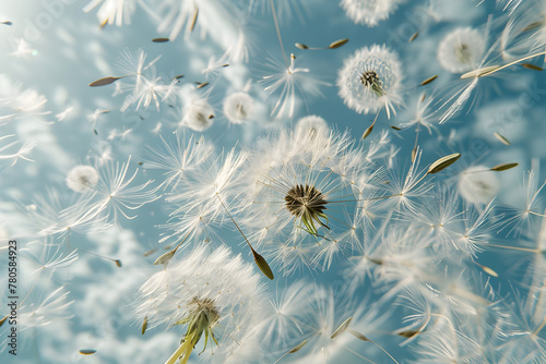 Ethereal dandelion seeds dispersing in the wind  with a soft-focus dark background  capturing the delicate nature of these wildflowers. Ideal for themes of change  growth  and natural beauty.