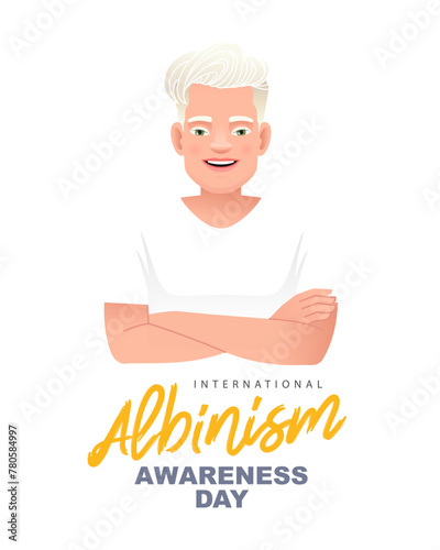 Handsome smiling albino guy with white hair, eyebrows and eyelashes. International Albinism Awareness Day. Rare genetic inherited disease.
