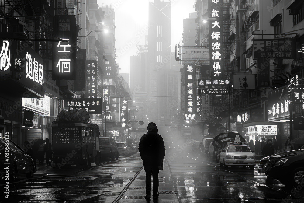 A lone figure walking down a bustling city street, surrounded by towering skyscrapers
