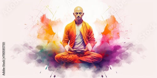 Yogi monk meditating with legs crossed concentrated in watercolor style pain draw illustration scene