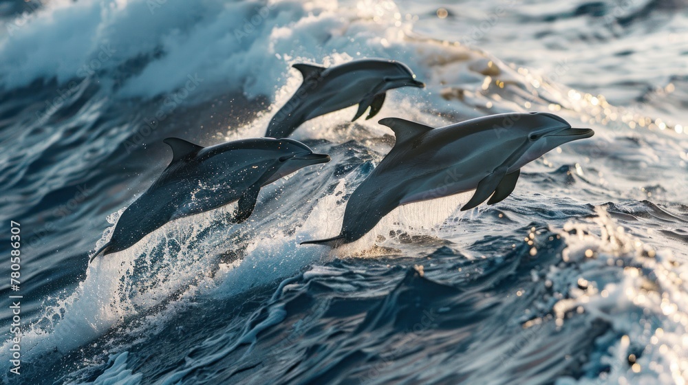 beautiful dolphins jumping over breaking sea waves.AI generated image