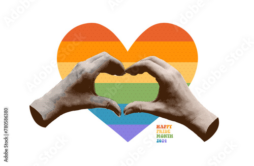 Trendy halftone collage for Pride month banner template. Heart shaped hands with heart shaped LGBT rainbow emblem. Gender, diversity, unity concept. Vector vintage illustration