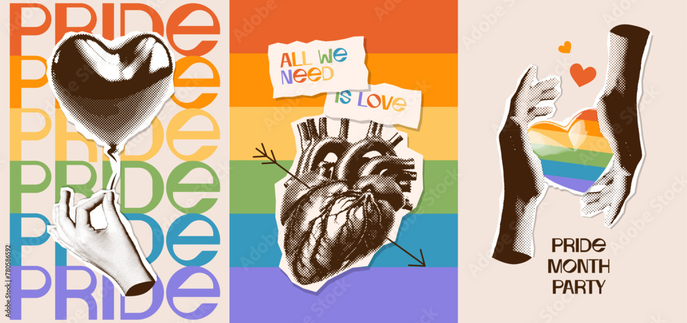 Set of vertical flyers on the theme of pride month in retro halftone collage style. Vector illustration of female hands with halftone effect, human heart, palm holding heart shaped balloon. - obrazy, fototapety, plakaty 