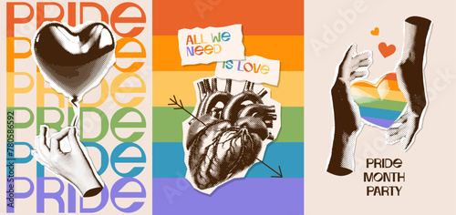 Set of vertical flyers on the theme of pride month in retro halftone collage style. Vector illustration of female hands with halftone effect, human heart, palm holding heart shaped balloon.