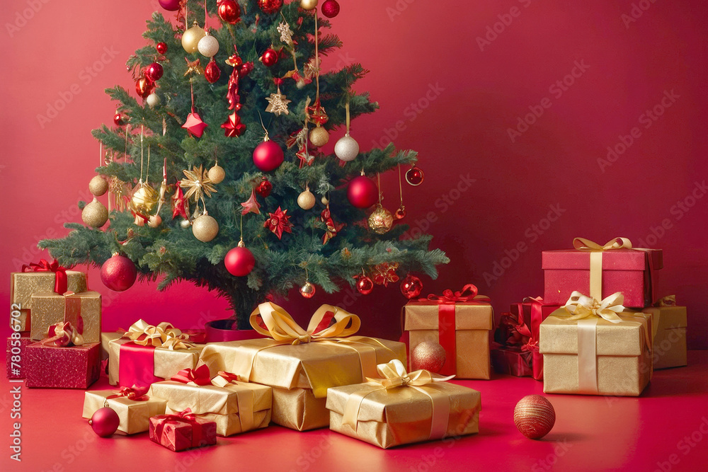 Traditional Christmas tree with star and balls and baubles on a red background. Red wrapped and gold boxes with gifts under a Christmas tree. Christmas gifts concept