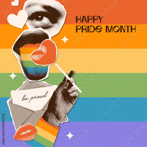Pride month halftone collage in a contemporary grunge style with torn out paper stickers - female eye, mouth with tongue, hand holding lollypop. Vector nostalgic illustration.
