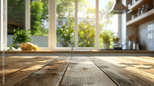 Clear wood table foreground  blurred modern kitchen setting  bright and neat for products