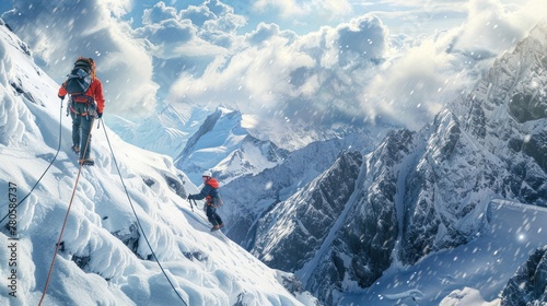 Group of climbers reaches the top of a mountain with a snowy field .AI generated image