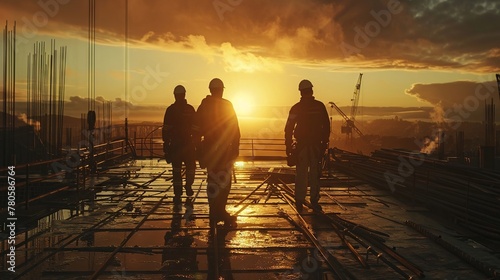 Dramatic wide shot of ironworkers, silhouetted in the early morning light on a job site photo