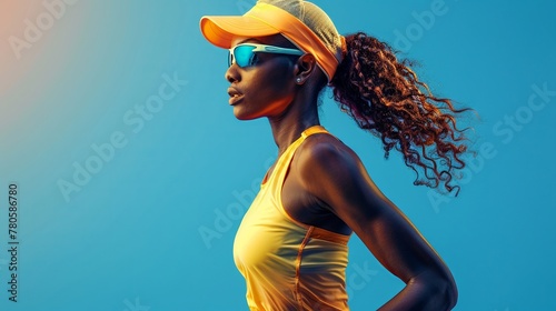 Dynamic female athlete in vivid sports attire, with ample copy space on a blue canvas photo
