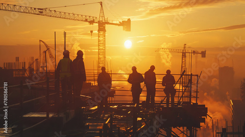 Dramatic wide shot of ironworkers, silhouetted in the early morning light on a job site