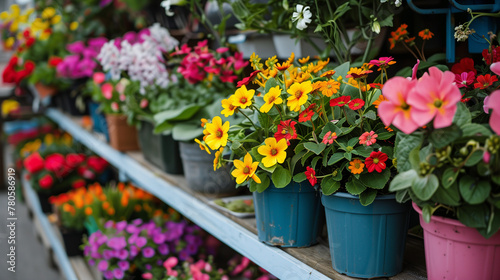 "Blooming Variety" "Shelves of vibrant blooming flowers in diverse pots create a lively display, inviting garden enthusiasts."