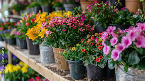 "Vibrant Garden Center Display" "Colorful flowers in pots arranged on shelves at a garden center, showcasing a variety of species and hues."