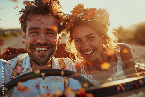 Happy couple driving in a festively adorned car, just married, along a scenic country route photo