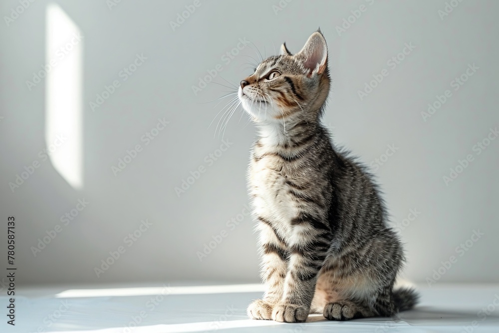 Naklejka premium Sleek young cat sitting gracefully, with a minimalistic white background