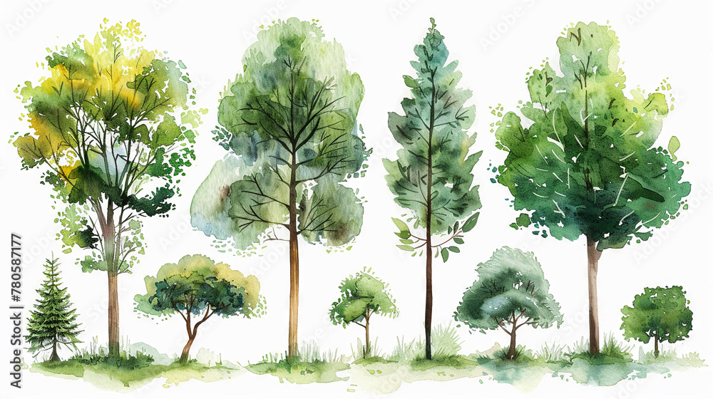 Fototapeta premium Set of realistic green trees in watercolor, isolated on white, essential elements for garden and environmental designs