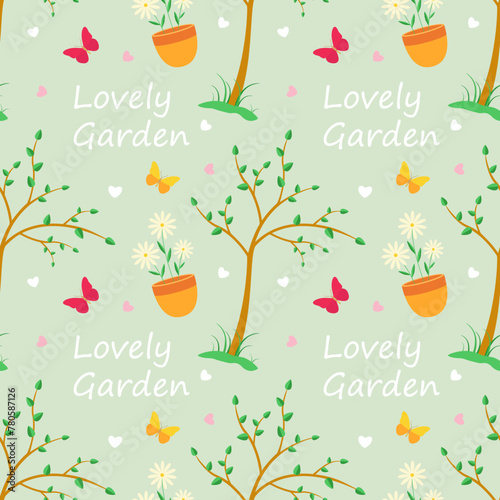 Garden tools and plants seamless pattern, pots, butterflies, tree, flowers on a gray background.