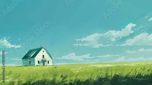 green and blue minimalist style endless prairie with small house illustration poster background © jinzhen