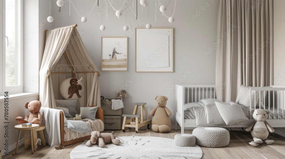 Obraz premium Modern children's room interior with beautiful pictures and bed .AI generated image