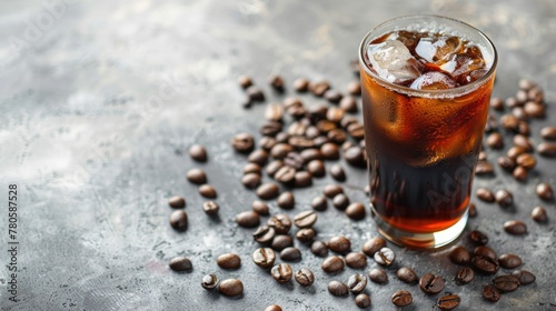 Iced americano coffee with coffee beans on grey background, Glass of black coffee photo