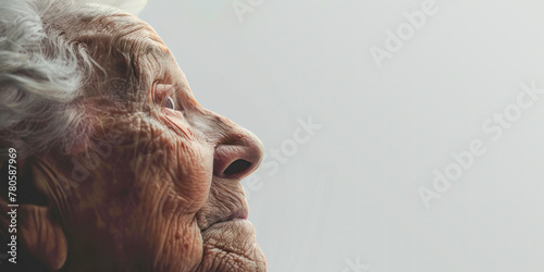 A gentle and poignant side profile of an elderly woman's face, emphasizing the beauty of age and the depth of life's experiences. photo