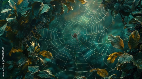 An arthropods spider web made of natural material is intricately woven among leaves in a forest, creating a beautiful pattern while capturing insects for the terrestrial animal