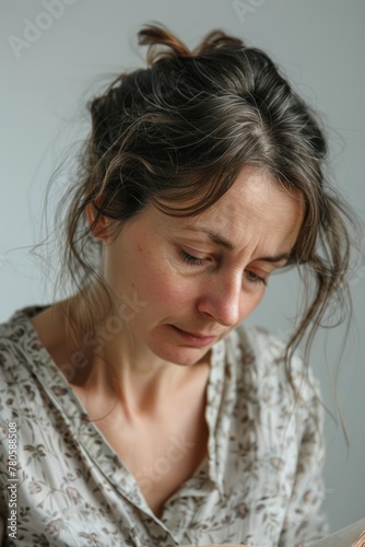 A woman deeply engaged in reading a book, a thoughtful expression on her face