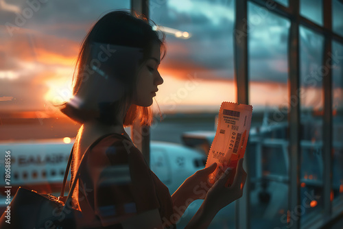 A woman holding a plane ticket in her hands, eagerly checking the flight details before boarding photo