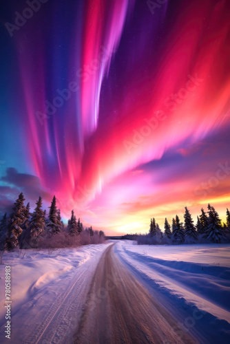Vibrant Aurora Borealis Over Snowy Road