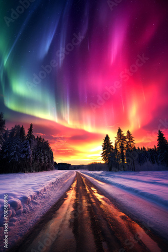 Vibrant Aurora Borealis Over Snowy Road © Tony A