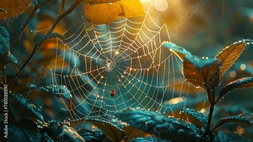 An arthropods spider web made of natural material is intricately woven among leaves in a forest, creating a beautiful pattern while capturing insects for the terrestrial animal