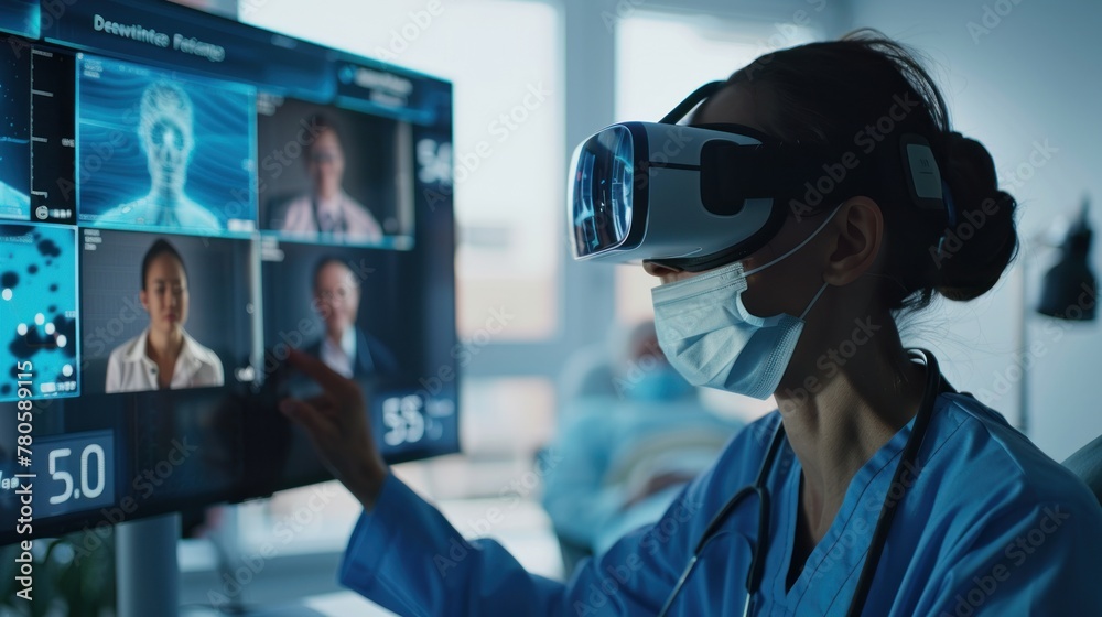 Telemedicine concept Professional man smiles while looking at photo.AI generated image Telemedicine concept Professional man smiles while looking at photo.AI generated image