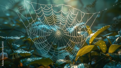 An arthropods spider web made of natural material is intricately woven among leaves in a forest, creating a beautiful pattern while capturing insects for the terrestrial animal
