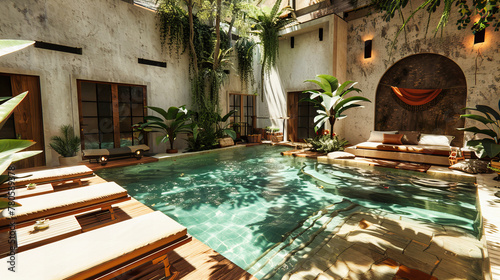 Majestic Moroccan Palace Courtyard with Classic Architecture, Luxurious Pool, and Lush Garden, Exuding an Atmosphere of Tranquility and Heritage photo