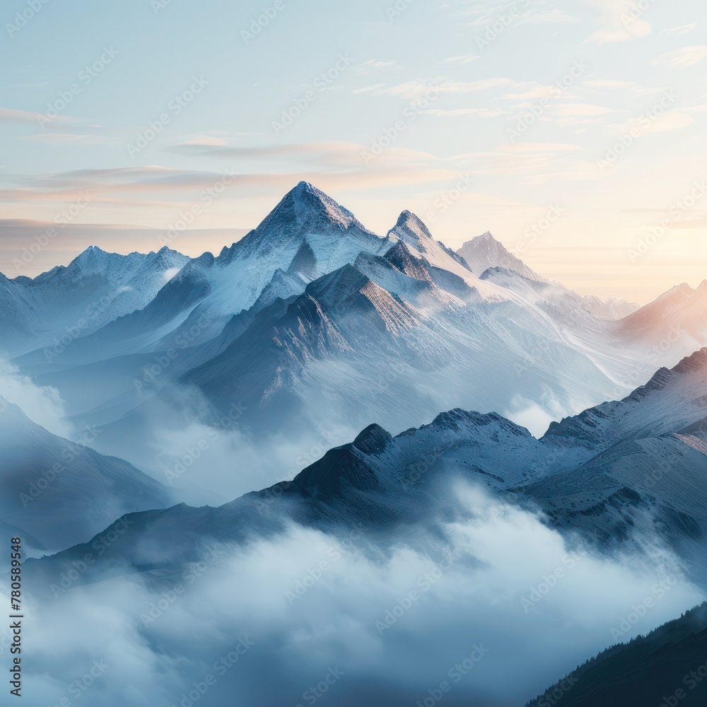 Mountains shrouded in morning mist, with the first light of dawn illuminating the peaks