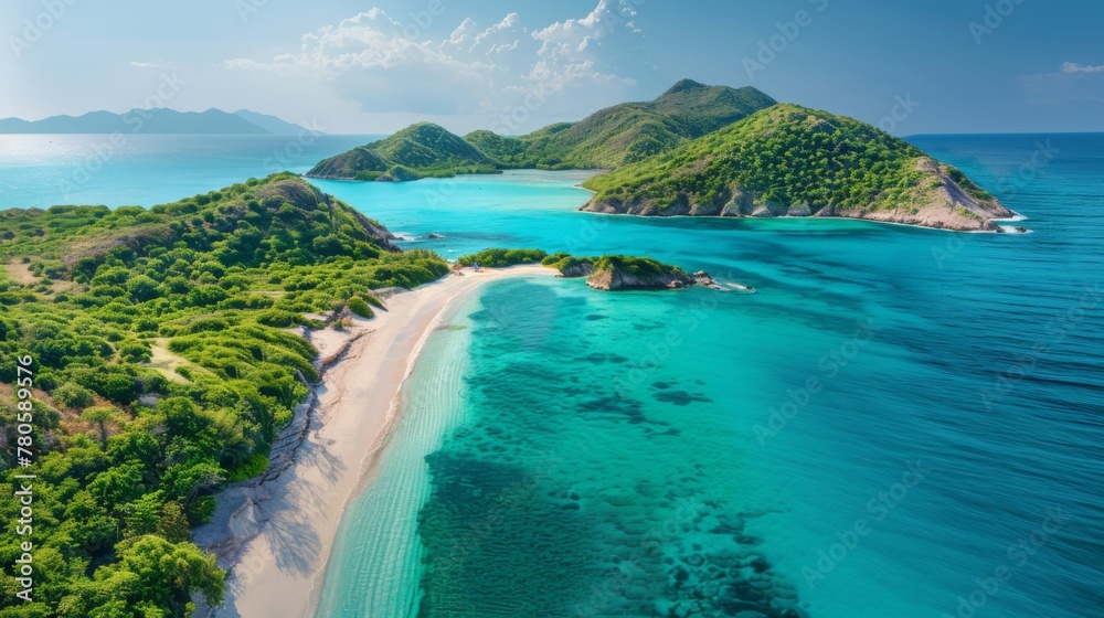 A captivating aerial view of a coastal paradise with sandy beaches, turquoise waters, and lush green islands, under a clear sunny sky, offering a breathtaking summer background for business branding