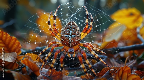 An arthropods spider web made of natural material is intricately woven among leaves in a forest, creating a beautiful pattern while capturing insects for the terrestrial animal