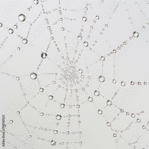 Dewdrops delicately suspended on a spider web  highlighting the precision and symmetry of the web against a white background
