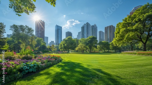 A bustling city park with lush green lawns, towering trees, and vibrant flower beds, against a backdrop of clear blue skies and distant skyscrapers, providing ample space for business text or logos