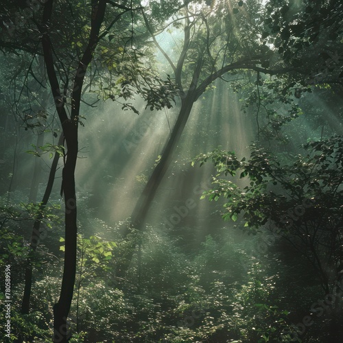 Sunbeams breaking through a dense forest canopy, illuminating the mist and the forest floor © 3DLeonardo