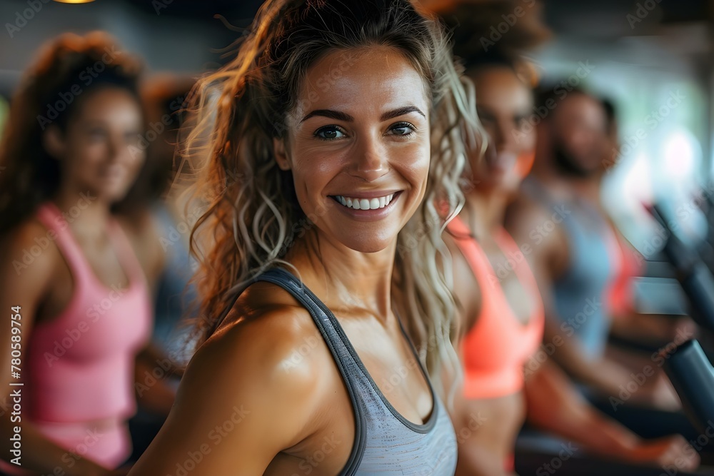 Middleaged group happily exercising on treadmills in gym wearing yoga attire. Concept Fitness, Exercise, Group Activity, Gym, Health