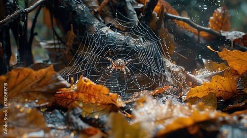 An arthropods spider web made of natural material is intricately woven among leaves in a forest, creating a beautiful pattern while capturing insects for the terrestrial animal